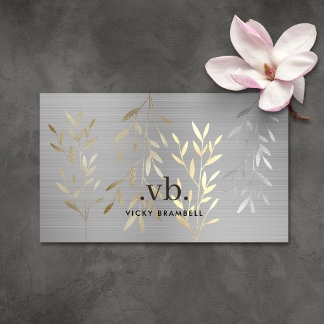 Classy Luxury Gold & Silver Leaves Monogram Salon Business Card