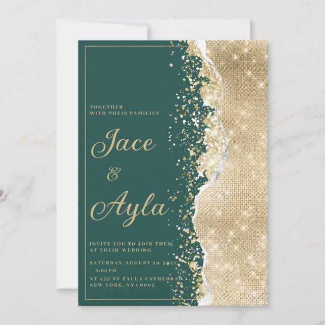 Classy luxury green gold glitter Wedding Invitation (Front)