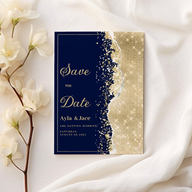 Classy luxury navy blue gold glitter Save the Date Invitation (Classy luxury navy blue gold glitter Save the Date)