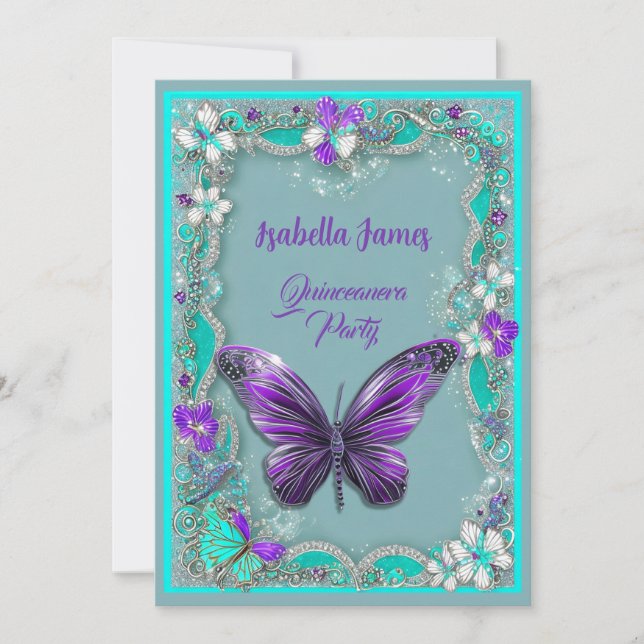 classy luxury turquoise purple Butterflies modern Invitation (Front)