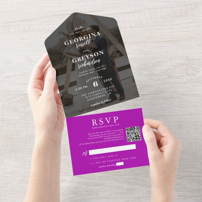 Classy Magenta RSVP Photo QR Code Wedding All In One Invitation (Tearaway)