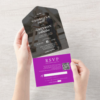 Classy Magenta RSVP Photo QR Code Wedding All In One Invitation