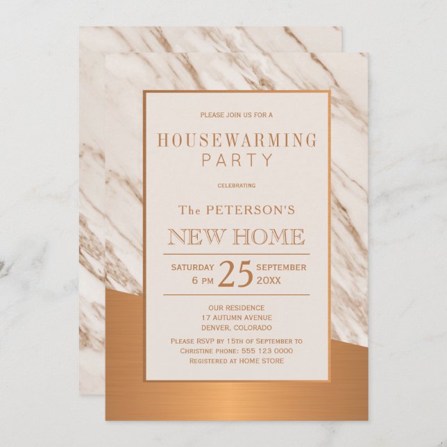 Classy marble copper elegant housewarming party invitation (Front/Back)