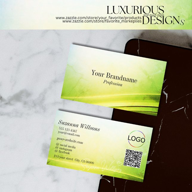 Classy Marble Green Curved Decor Logo and QR Code Business Card (Creator Uploaded)