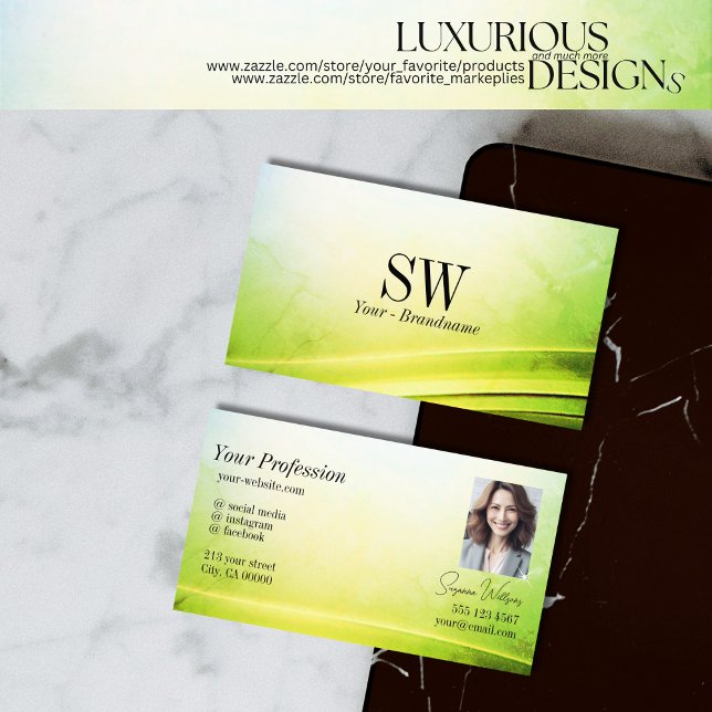 Classy Marble Green Curved Decor Monogram Photo Business Card (Creator Uploaded)
