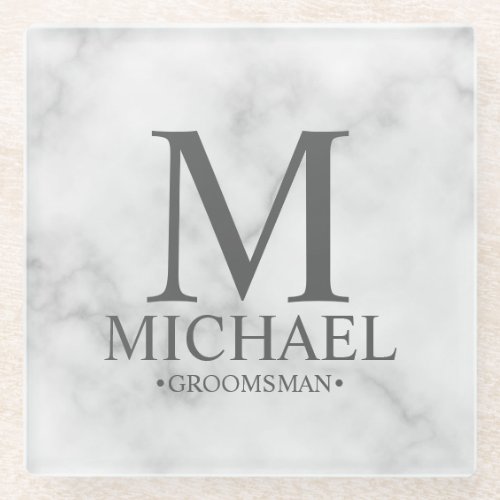 Classy Marble Monogram and Name Groomsman Glass Coaster