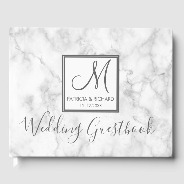 Classy Marble Monogrammed Wedding Guest Book (Front)