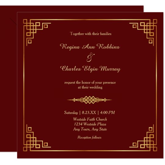 Classy Maroon Red Gold Frame Wedding Invitation