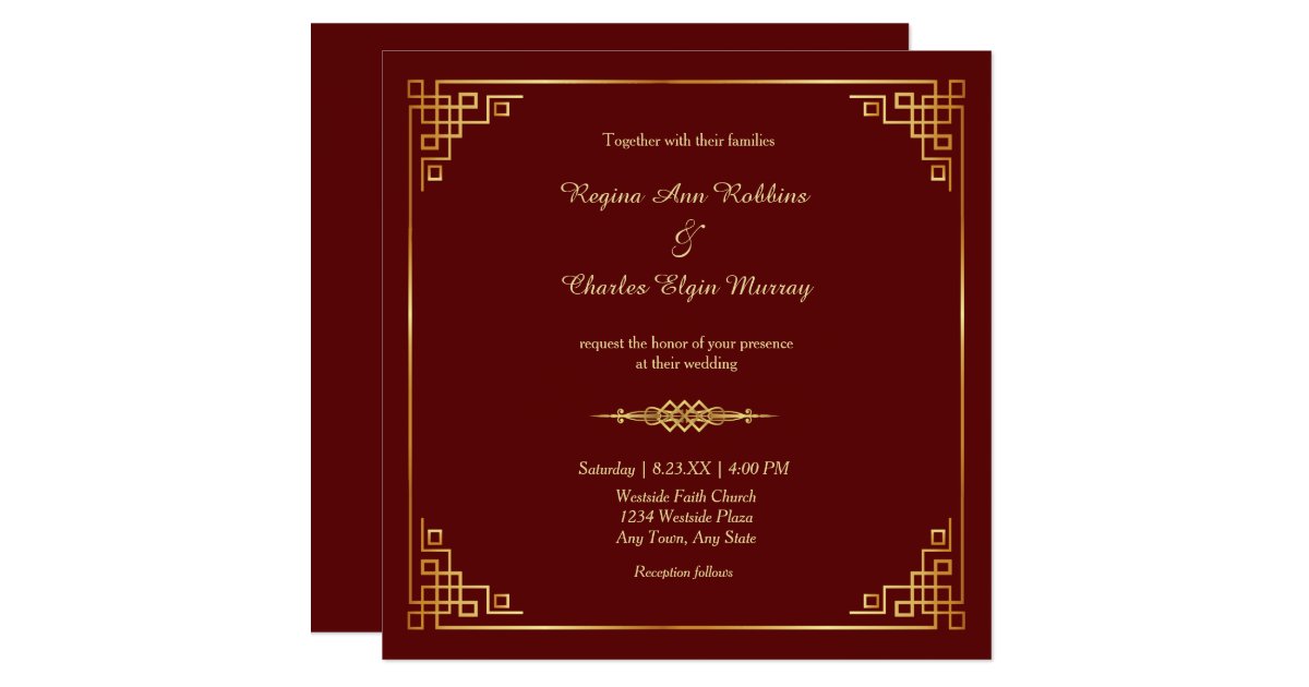 Classy Maroon Red Gold Frame Wedding Invitation