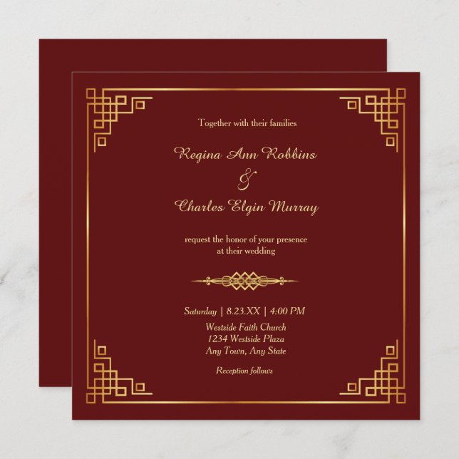 Classy Maroon Red Gold Frame Wedding Invitation (Front/Back)
