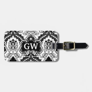 Classy Masculine Black White Damask Monogram Luggage Tag