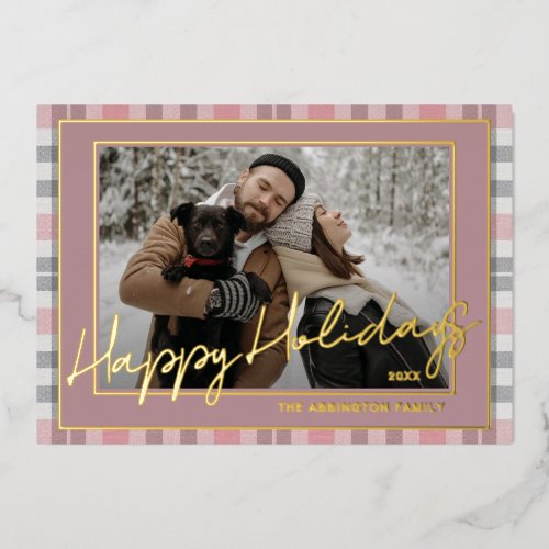 Classy mauve Pink Gray White Plaid Pattern Gold Foil Holiday Card