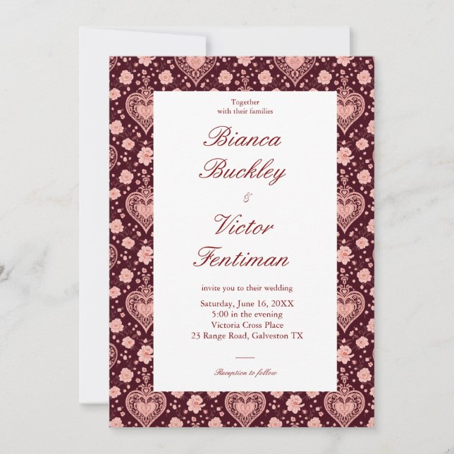 Classy Maximalist Victorian Heart Wine Red Wedding Invitation (Front)
