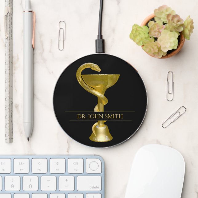 Classy Medical Bowl Hygieia Snake Gold Caduceus Wireless Charger (Desk)
