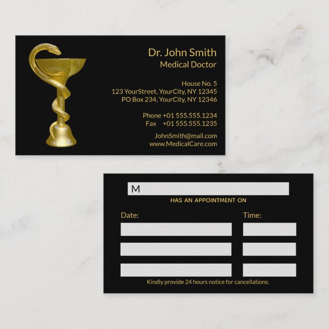 Classy Medical Bowl Snake Hygieia Gold Caduceus Appointment Card (Front/Back)