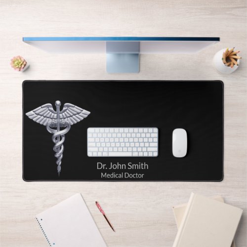 Classy Medical Caduceus Silver on Black Desk Mat