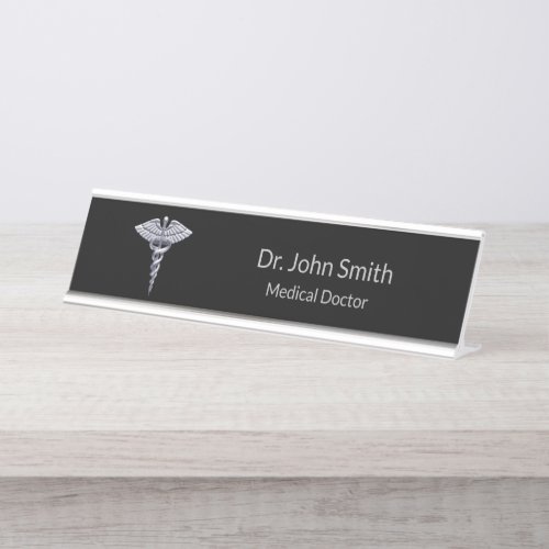 Classy Medical Caduceus Silver on Black Desk Name Plate