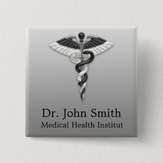 Classy Medical Elegant Black White Caduceus Noble Button (Front)