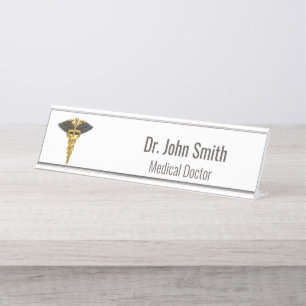 Classy Medical Elegant Gold Caduceus Black Wings Desk Name Plate