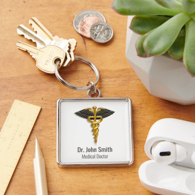 Classy Medical Elegant Gold Caduceus Black Wings Keychain (Desk)
