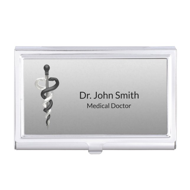 Classy Medical Elegant Noble Black White Asclepius Business Card Case (Front)