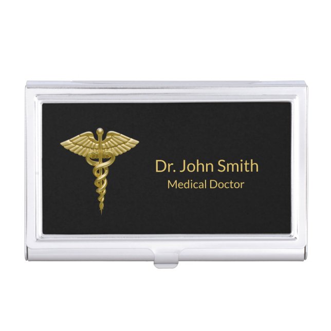 Classy Medical Gold Caduceus  Business Card Holder (Front)