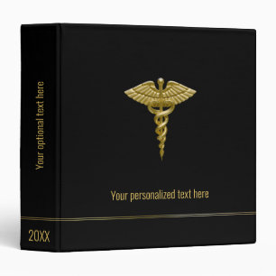 Classy Medical Gold Caduceus on Black 3 Ring Binder