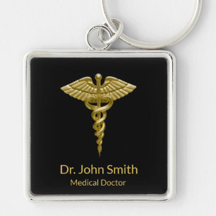 Classy Medical Gold Caduceus on Black - Keychain
