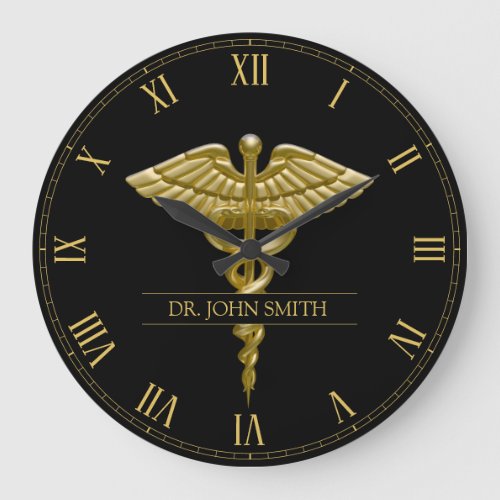 Classy Medical Gold Caduceus on Black Large Clock