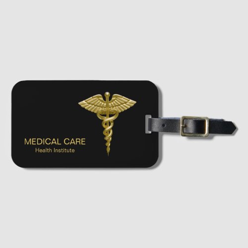 Classy Medical Gold Caduceus on Black Luggage Tag