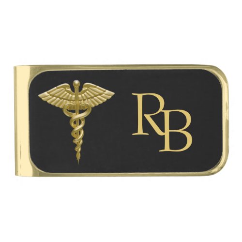 Classy Medical Gold Caduceus on Black Monogram Gold Finish Money Clip