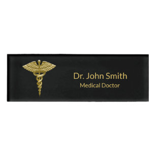 Classy Medical Gold Caduceus on Black - Name Tag