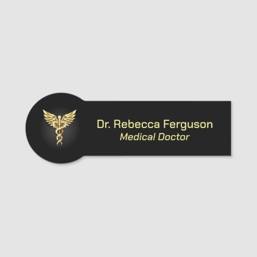 Classy Medical Gold Caduceus on Black Name Tag