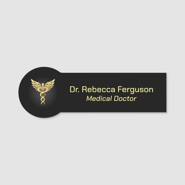 Classy Medical Gold Caduceus on Black Name Tag (Front)