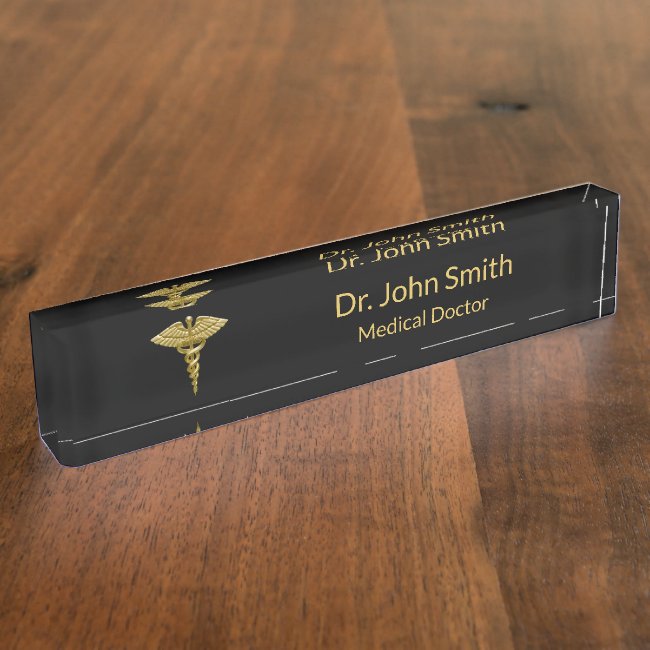 Classy Medical Gold Caduceus on Black - Nameplate
