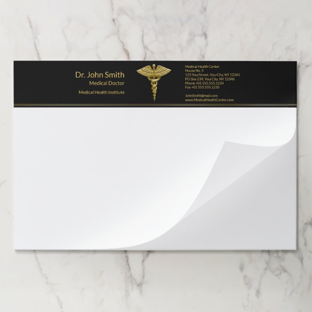 Classy Medical Gold Caduceus on Black - Paper Pad (Folded)