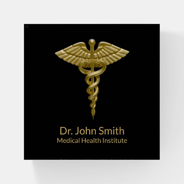 Classy Medical Gold Caduceus on Black Paperweight (Front)