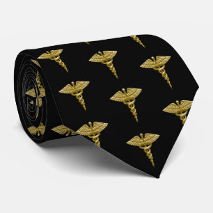 Classy Medical Gold Caduceus on Black Pattern Neck Tie