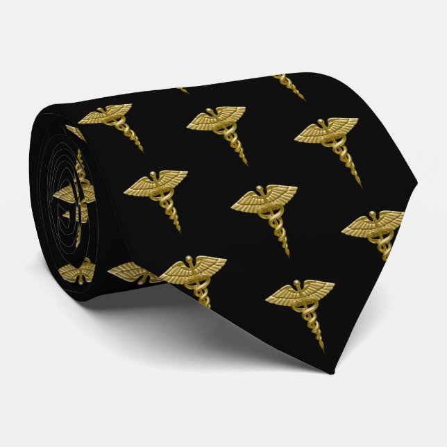 Classy Medical Gold Caduceus on Black Pattern Neck Tie (Rolled)
