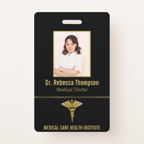 Classy Medical Gold Caduceus on Black Photo ID Badge