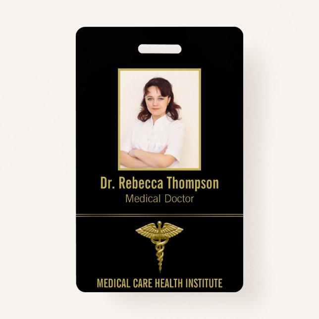 Classy Medical Gold Caduceus on Black Photo ID Badge (Front)