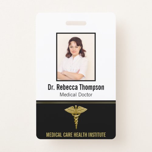 Classy Medical Gold Caduceus on Black Photo ID Badge