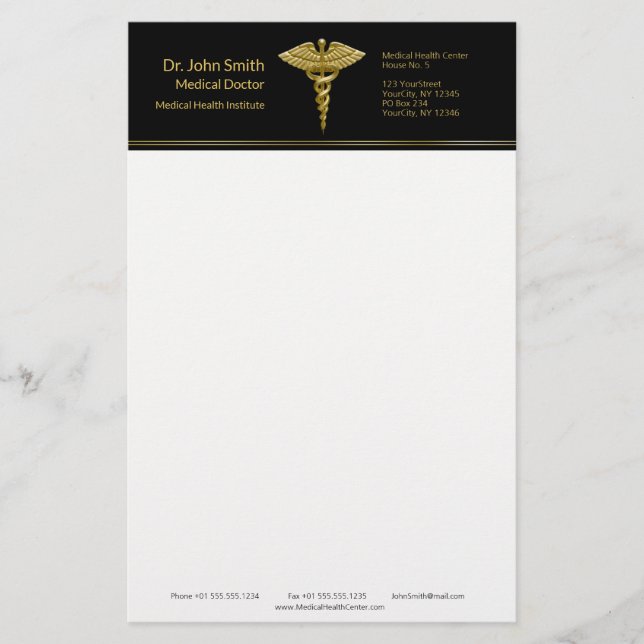 Classy Medical Gold Caduceus on Black - Stationery (Front)