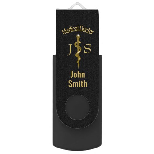 Classy Medical Gold on Black Rod of Asclepius Flash Drive