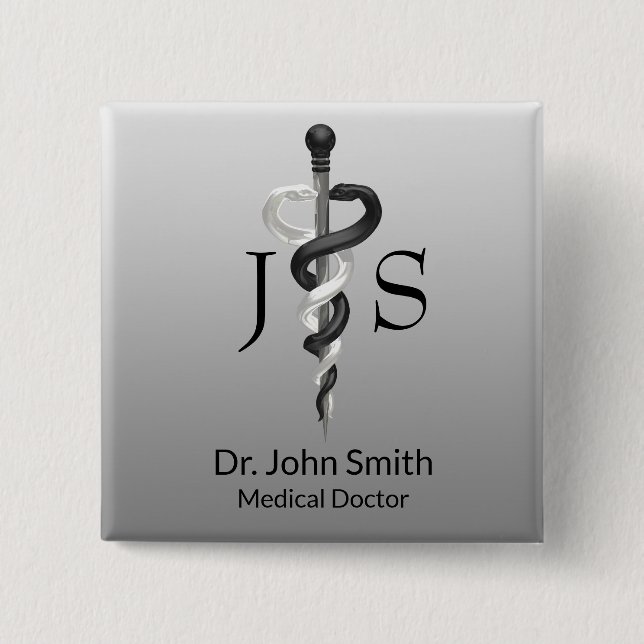 Classy Medical Noble Elegant Black White Asclepius Button (Front)