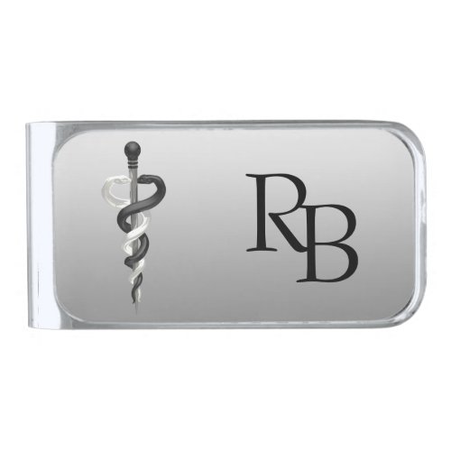 Classy Medical Noble Elegant Black White Asclepius Silver Finish Money Clip