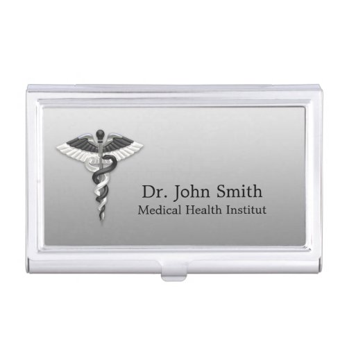 Classy Medical Noble Elegant Black White Caduceus Business Card Case