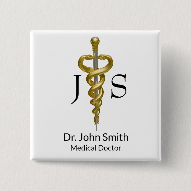 Classy Medical Noble Elegant Gold Silver Asclepius Button (Front)