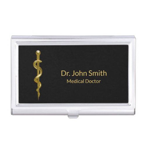 Classy Medical Rod of Asclepius Gold on Black Business Card Case