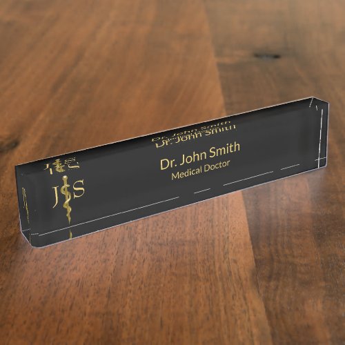 Classy Medical Rod of Asclepius Gold on Black Desk Name Plate